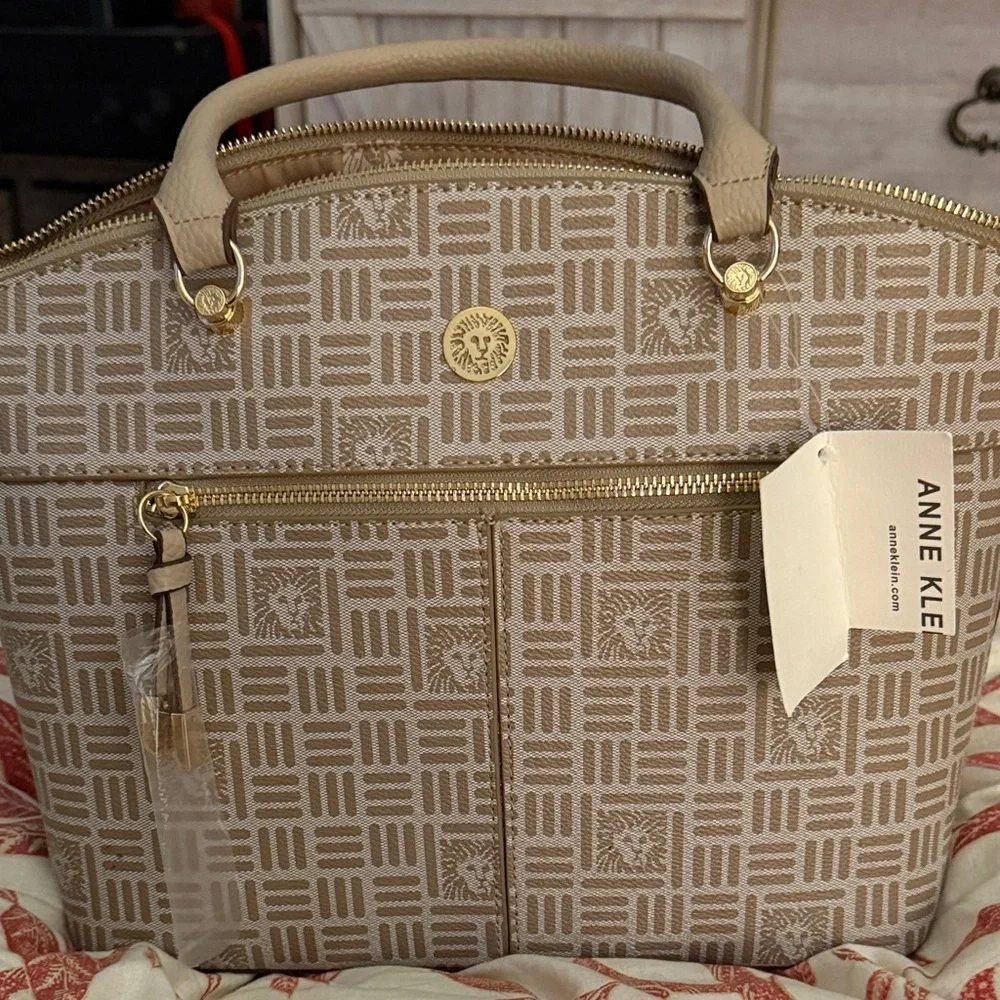 Anne Klein Tan Geometric Satchel - Picture 1 of 6